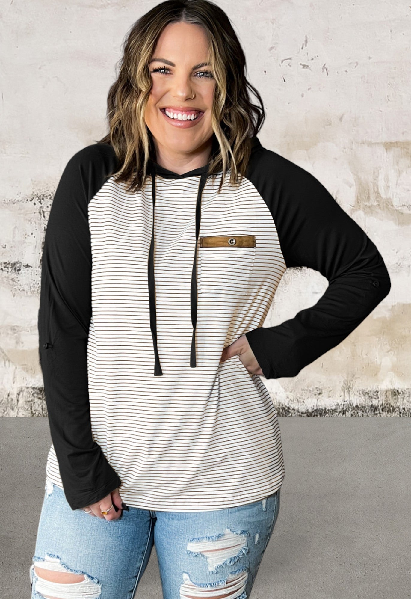 Plus Size Striped Long Sleeve Buttoned Pocket Hoodie