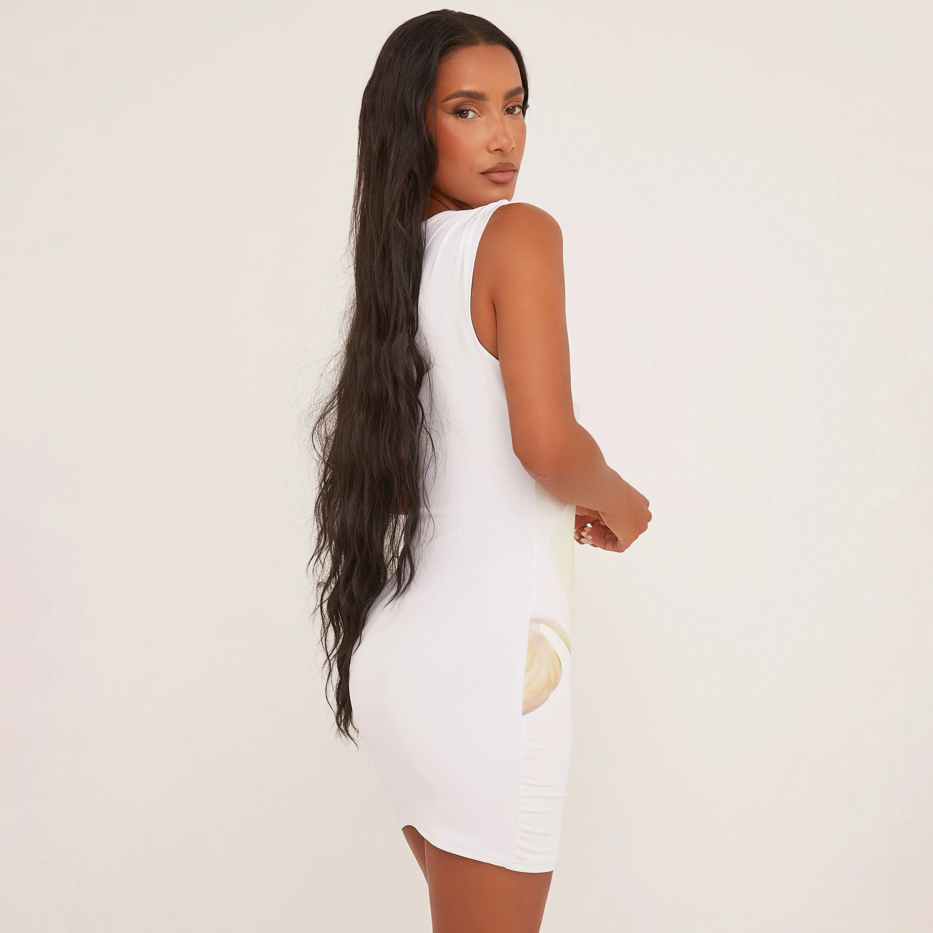 Racer Oversized Flower Detail Ruched Shoulder Mini Bodycon Dress In White Slinky