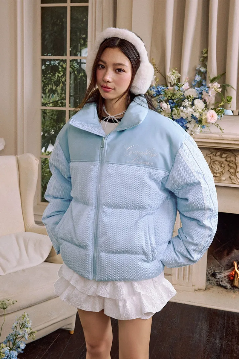 Retro PU Lace Panel Short Puffer