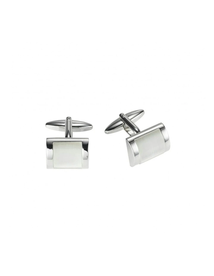 Rhodium Plated Rectangle Cufflinks With Curved Face Cats Eye Inlay in White