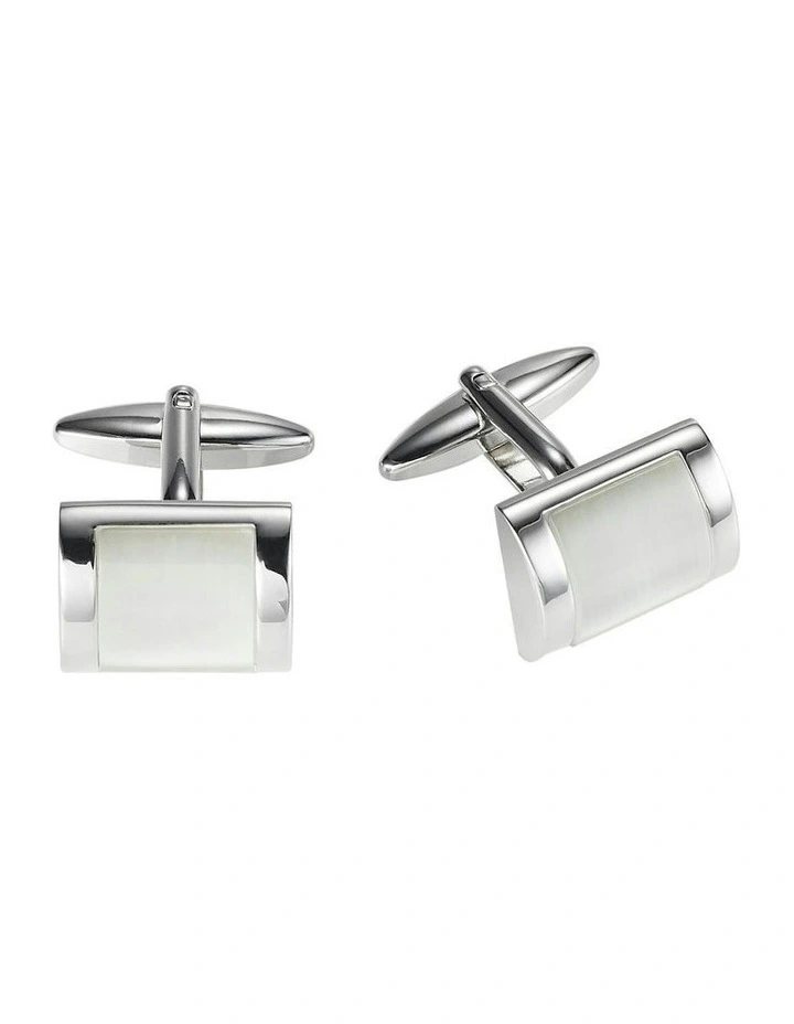 Rhodium Plated Rectangle Cufflinks With Curved Face Cats Eye Inlay in White