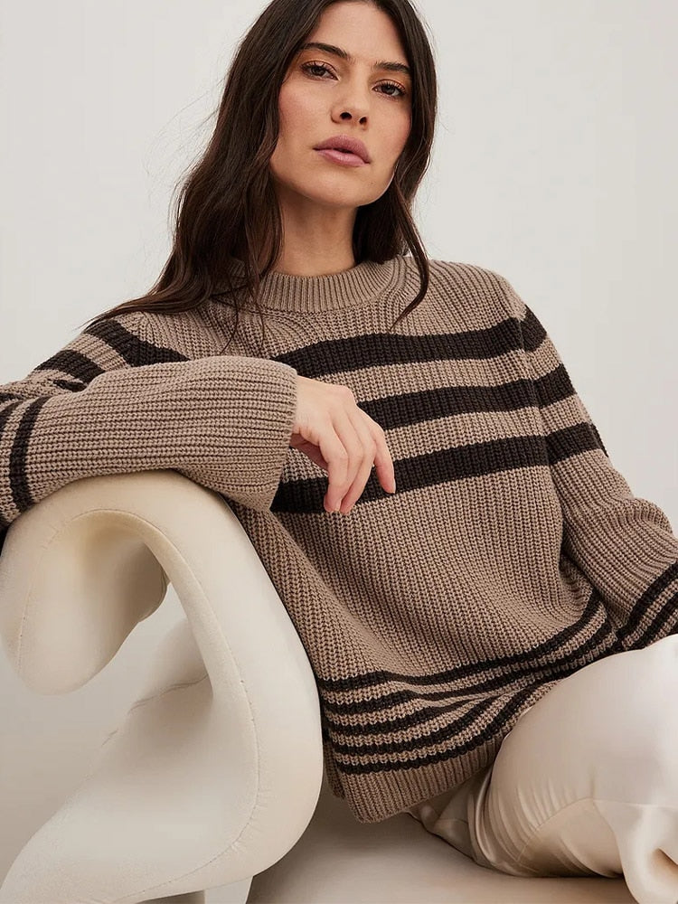 Ribbed Knitted Striped O-neck Sweaters Oversized Loose Long Wide Sleeve Pullover 2023 Women Autumn Casual Office Knitwear