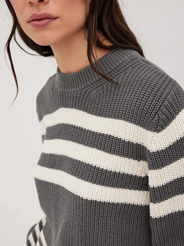 Ribbed Knitted Striped O-neck Sweaters Oversized Loose Long Wide Sleeve Pullover 2023 Women Autumn Casual Office Knitwear