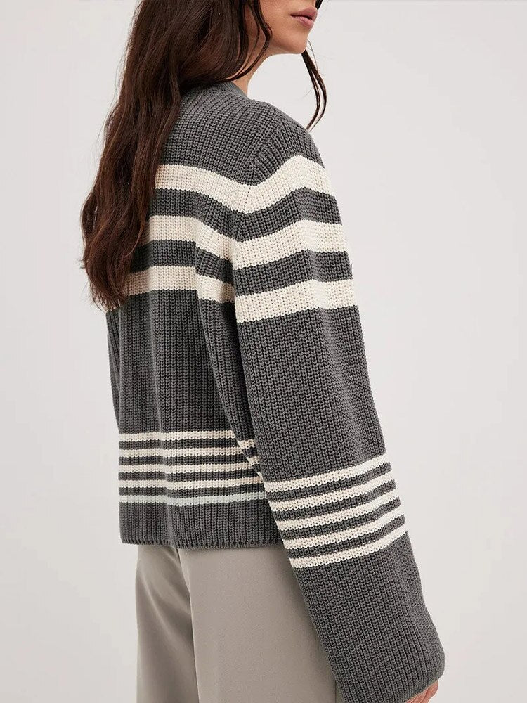 Ribbed Knitted Striped O-neck Sweaters Oversized Loose Long Wide Sleeve Pullover 2023 Women Autumn Casual Office Knitwear