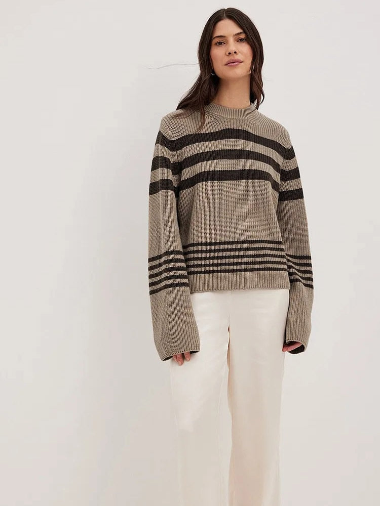 Ribbed Knitted Striped O-neck Sweaters Oversized Loose Long Wide Sleeve Pullover 2023 Women Autumn Casual Office Knitwear