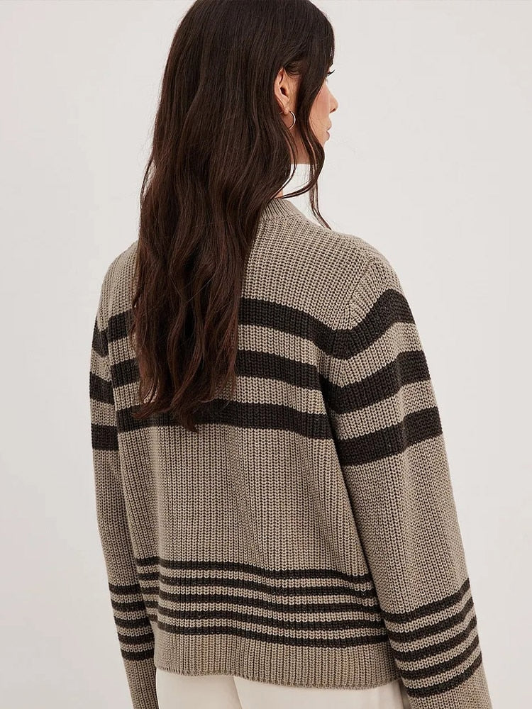 Ribbed Knitted Striped O-neck Sweaters Oversized Loose Long Wide Sleeve Pullover 2023 Women Autumn Casual Office Knitwear