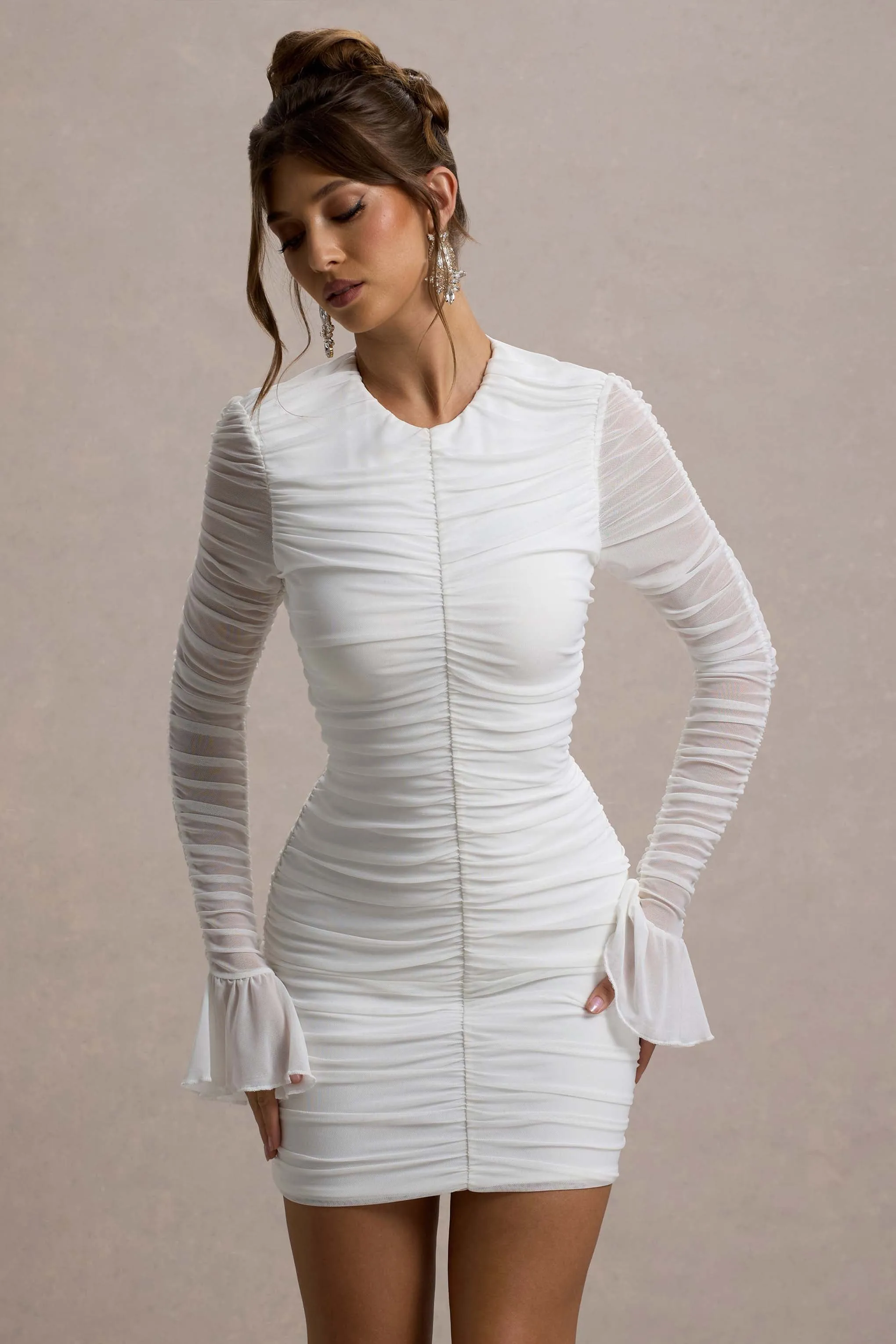 Romilly | White Ruched Long-Sleeve Bodycon Mini Dress