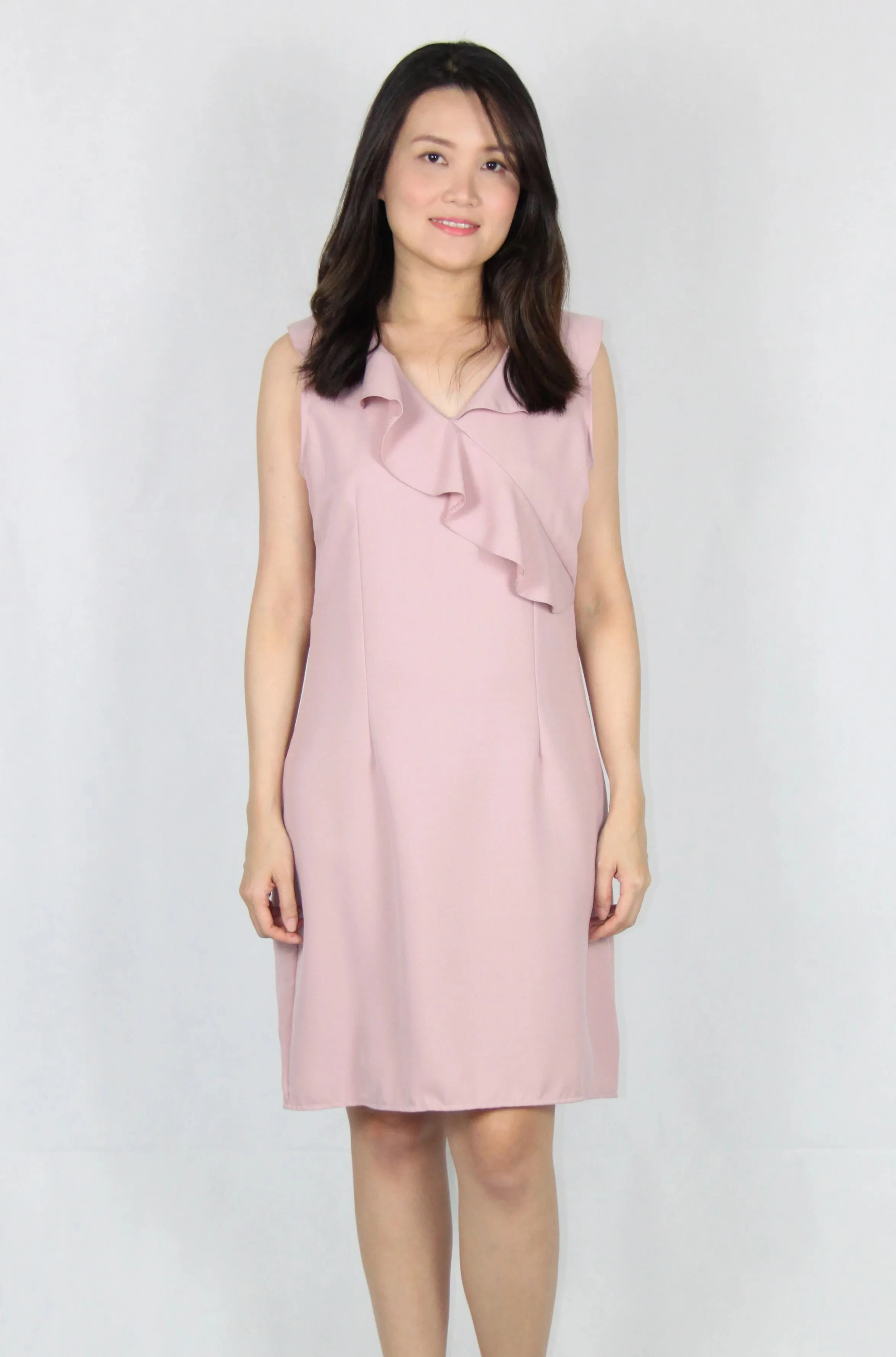 Ruffles Collar Sleeveless V Neck Shift Dress in Pink