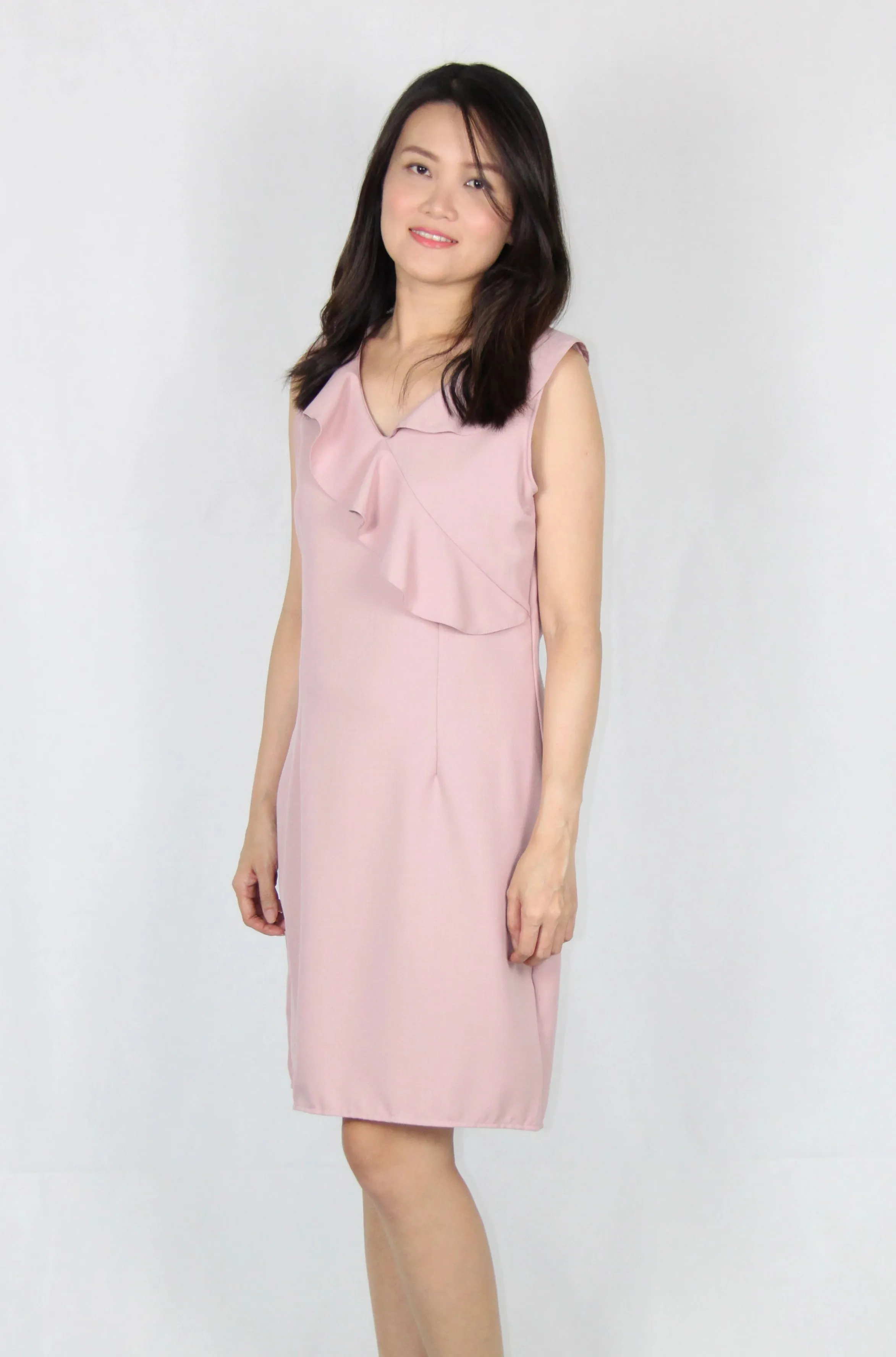 Ruffles Collar Sleeveless V Neck Shift Dress in Pink