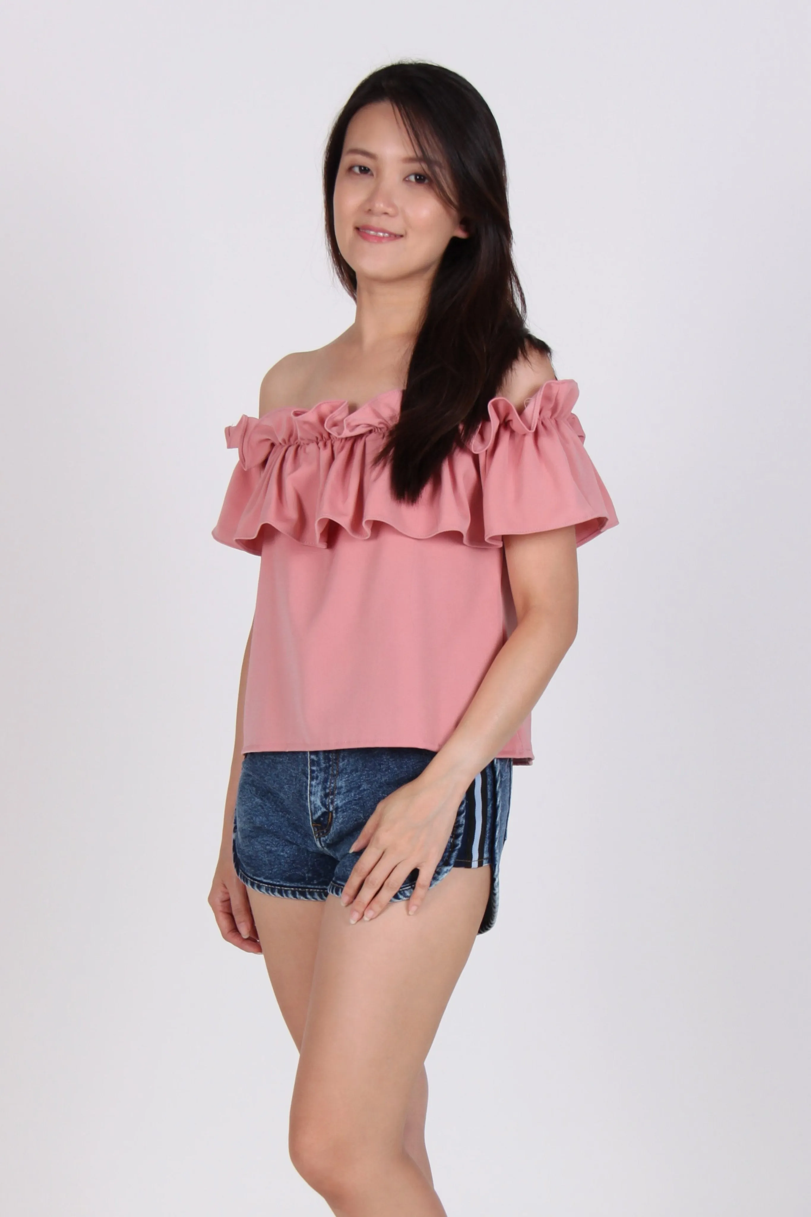 Ruffles Off-Shoulder Top in Pink