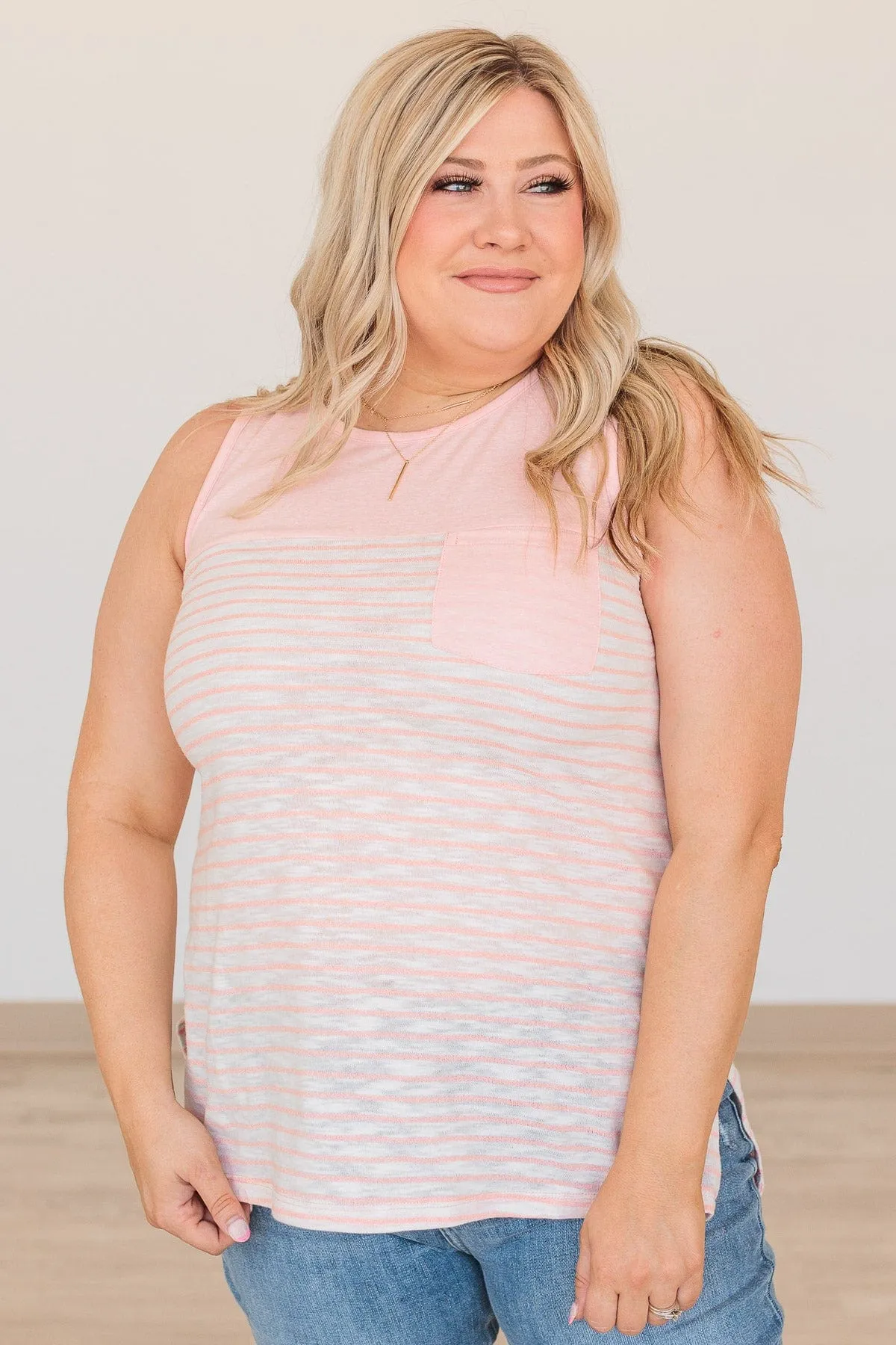 Sealed With Love Striped Pocket Tank- Pink