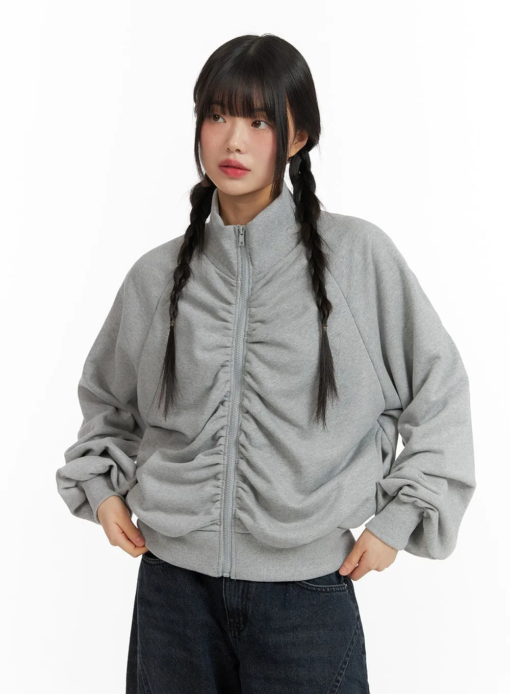 Shirred High Collar Sweat Zip-Up CF422