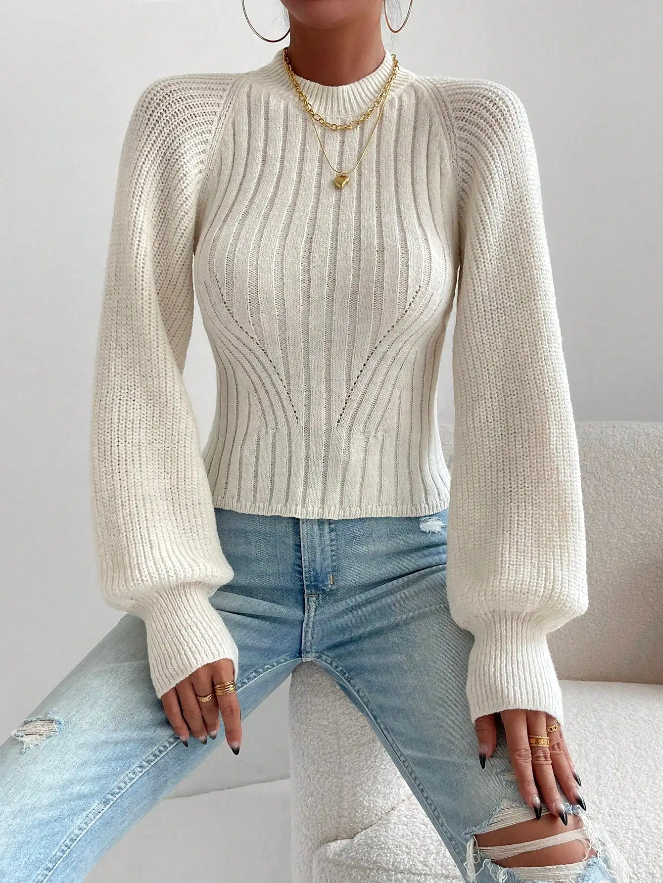 Solid Tie Backless Bishop Sleeve Sweater