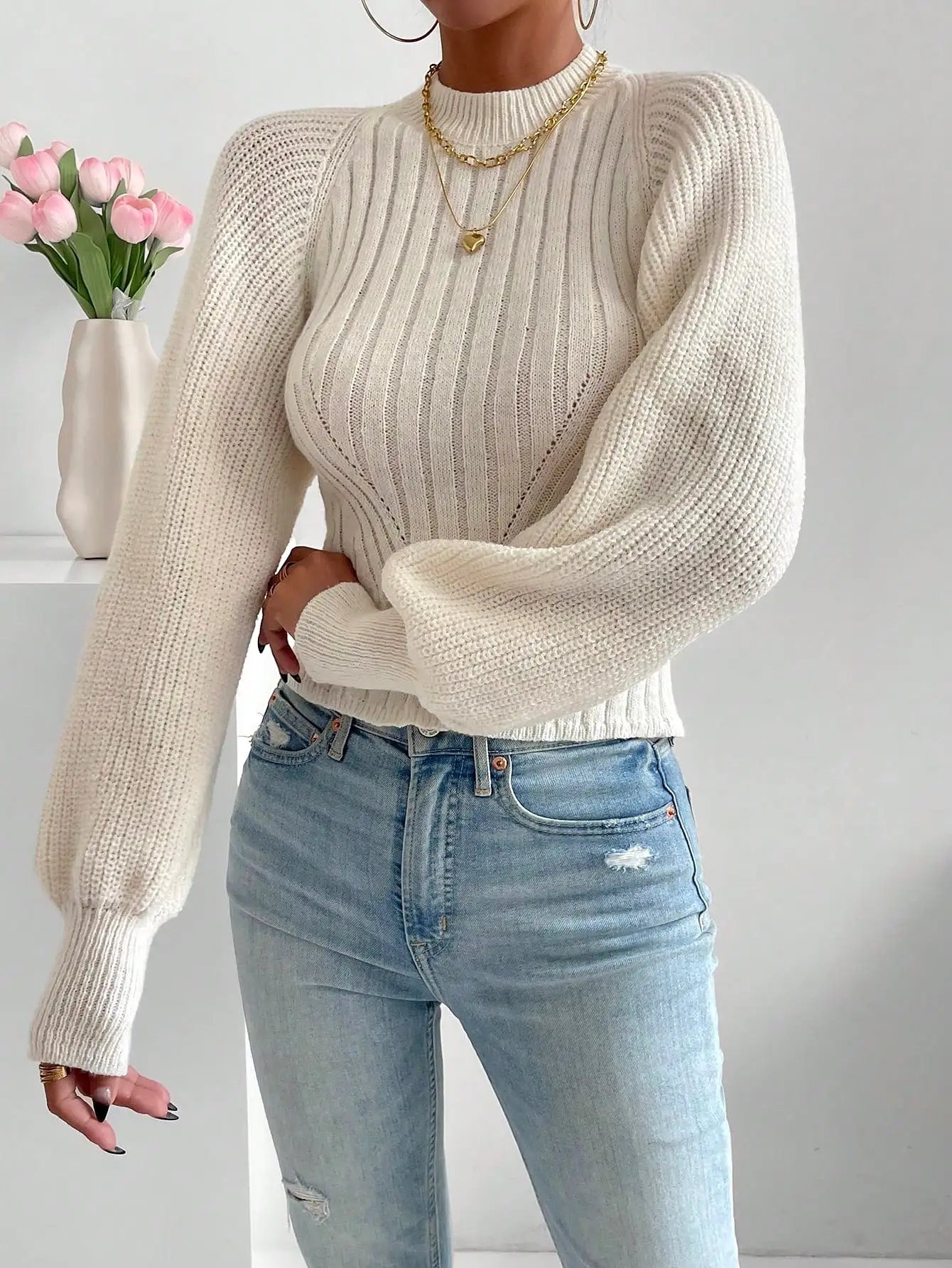 Solid Tie Backless Bishop Sleeve Sweater