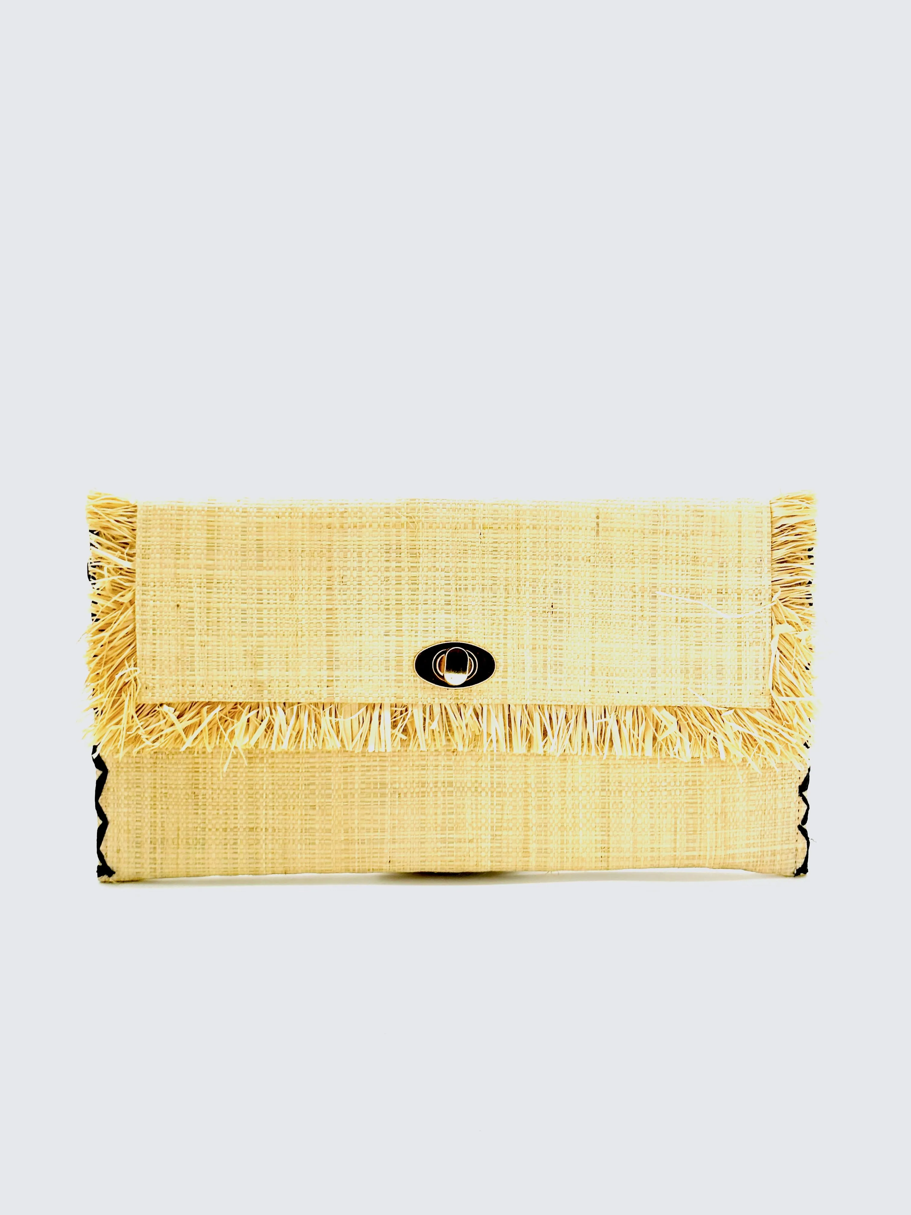 Sophie Straw Envelope Clutch Purse with Raw Fringe Trim Edge