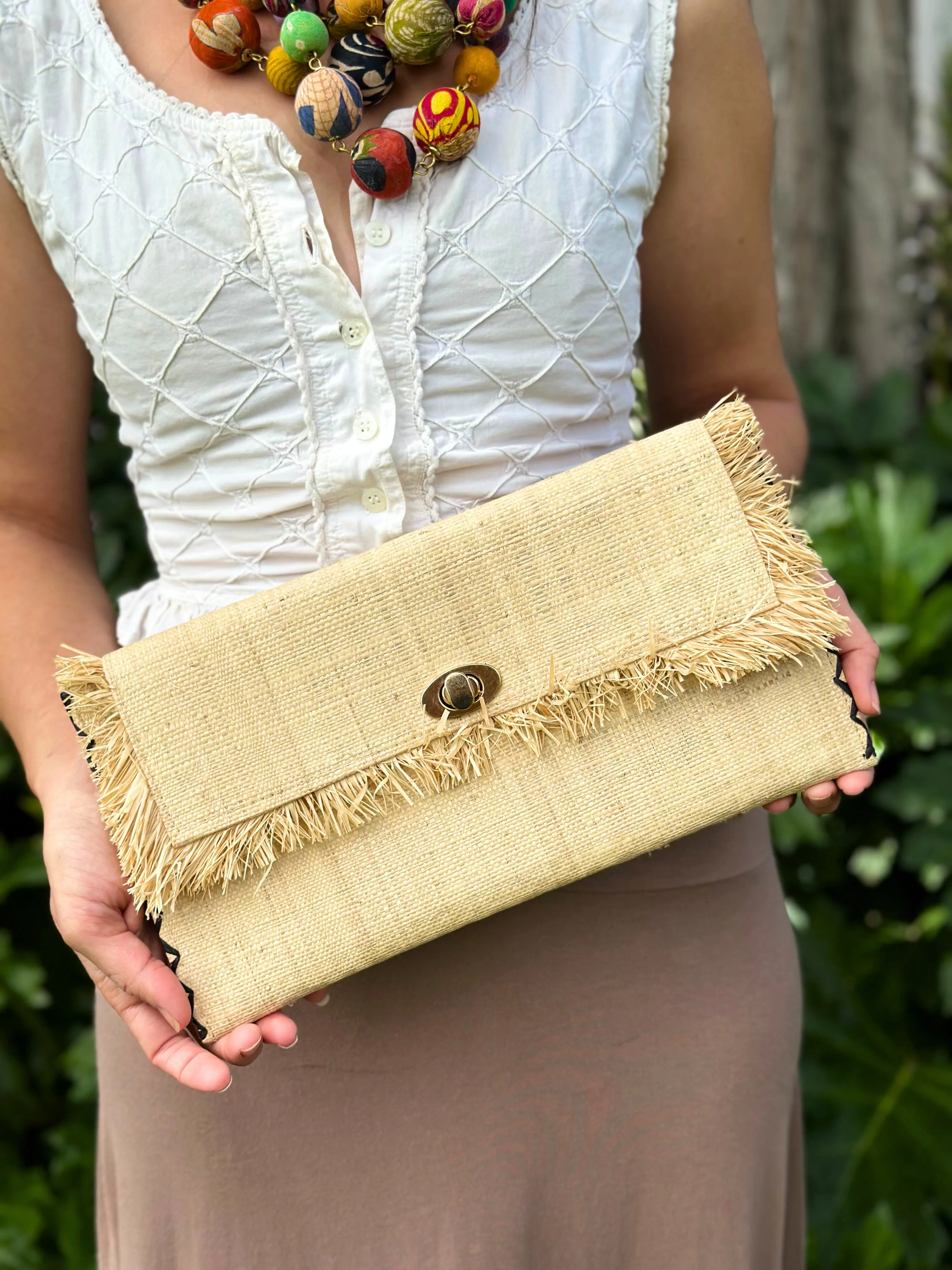 Sophie Straw Envelope Clutch Purse with Raw Fringe Trim Edge