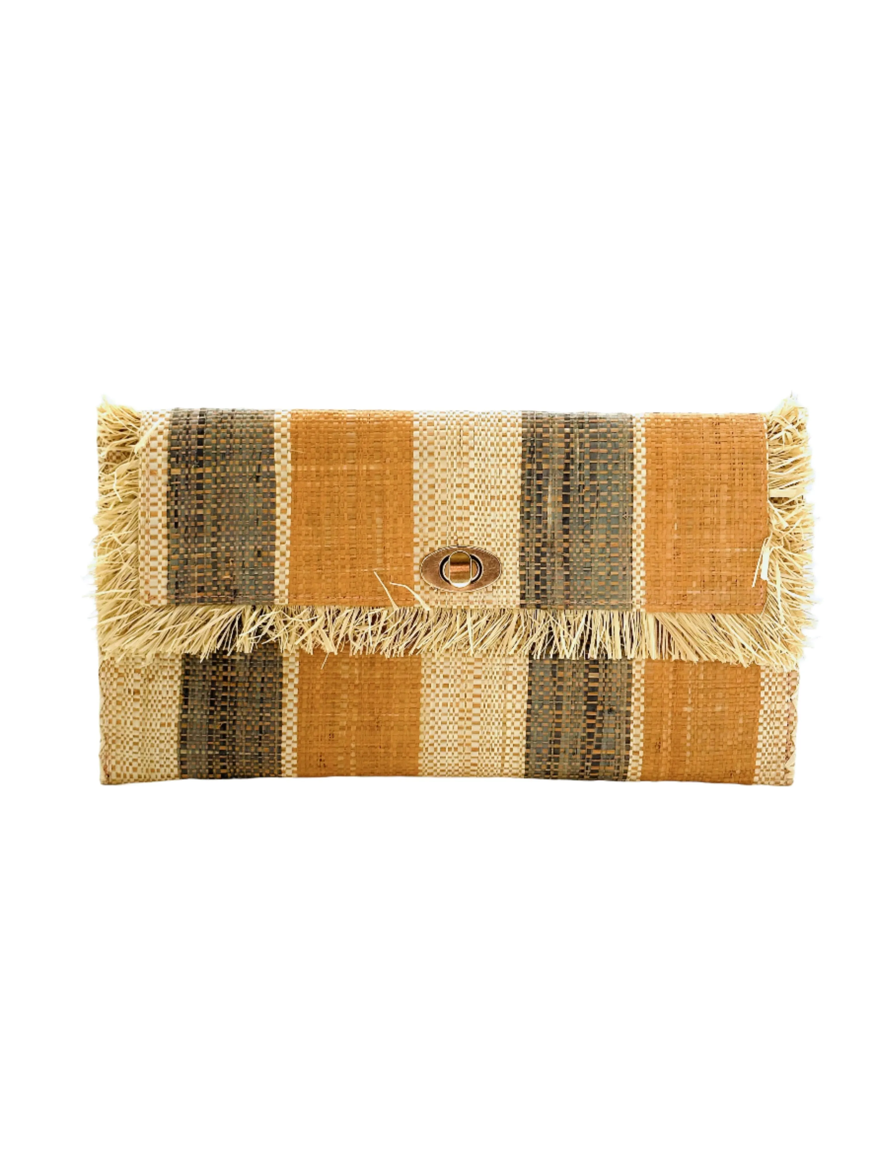 Sophie Straw Envelope Clutch Purse with Raw Fringe Trim Edge