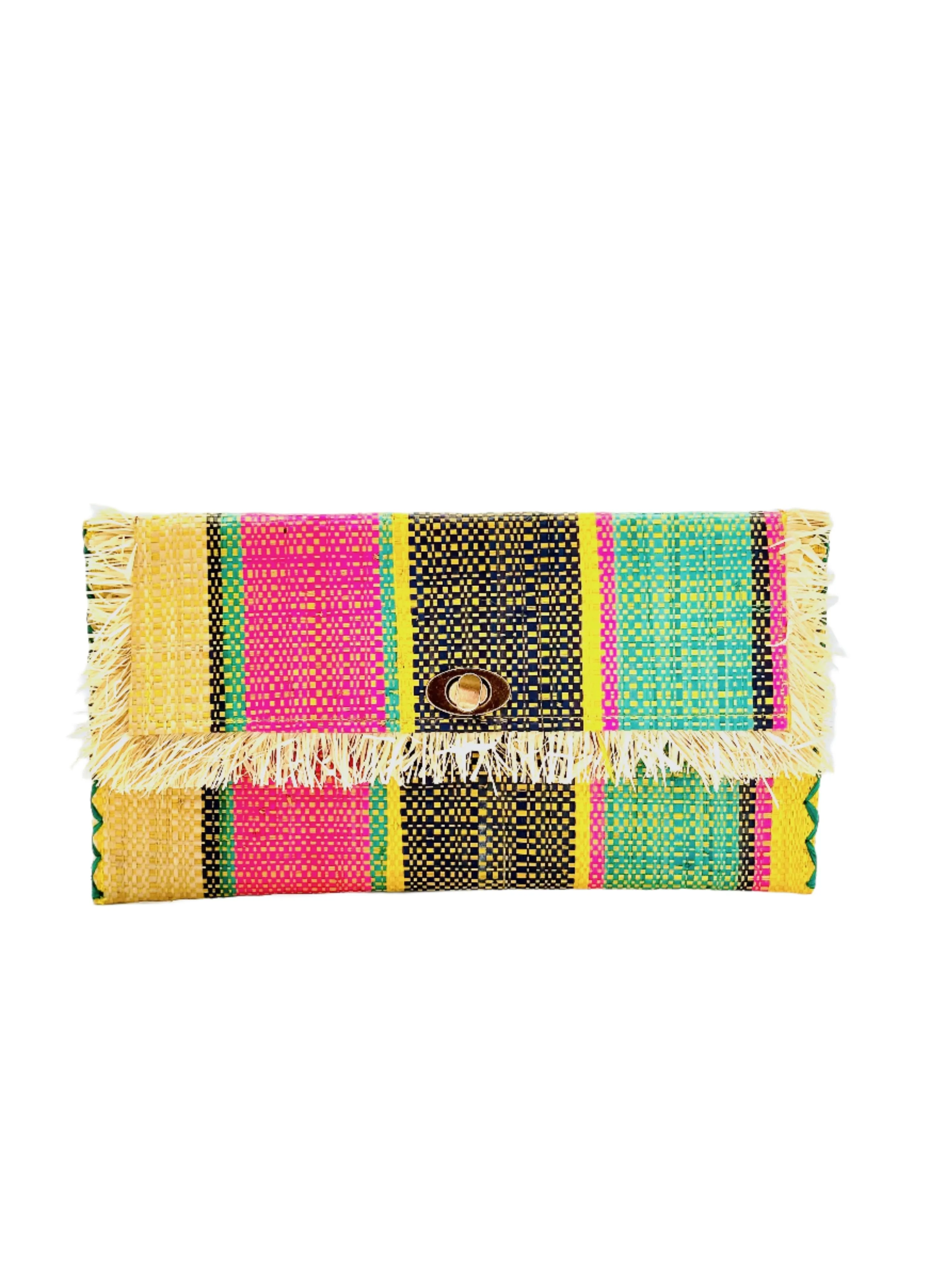 Sophie Straw Envelope Clutch Purse with Raw Fringe Trim Edge