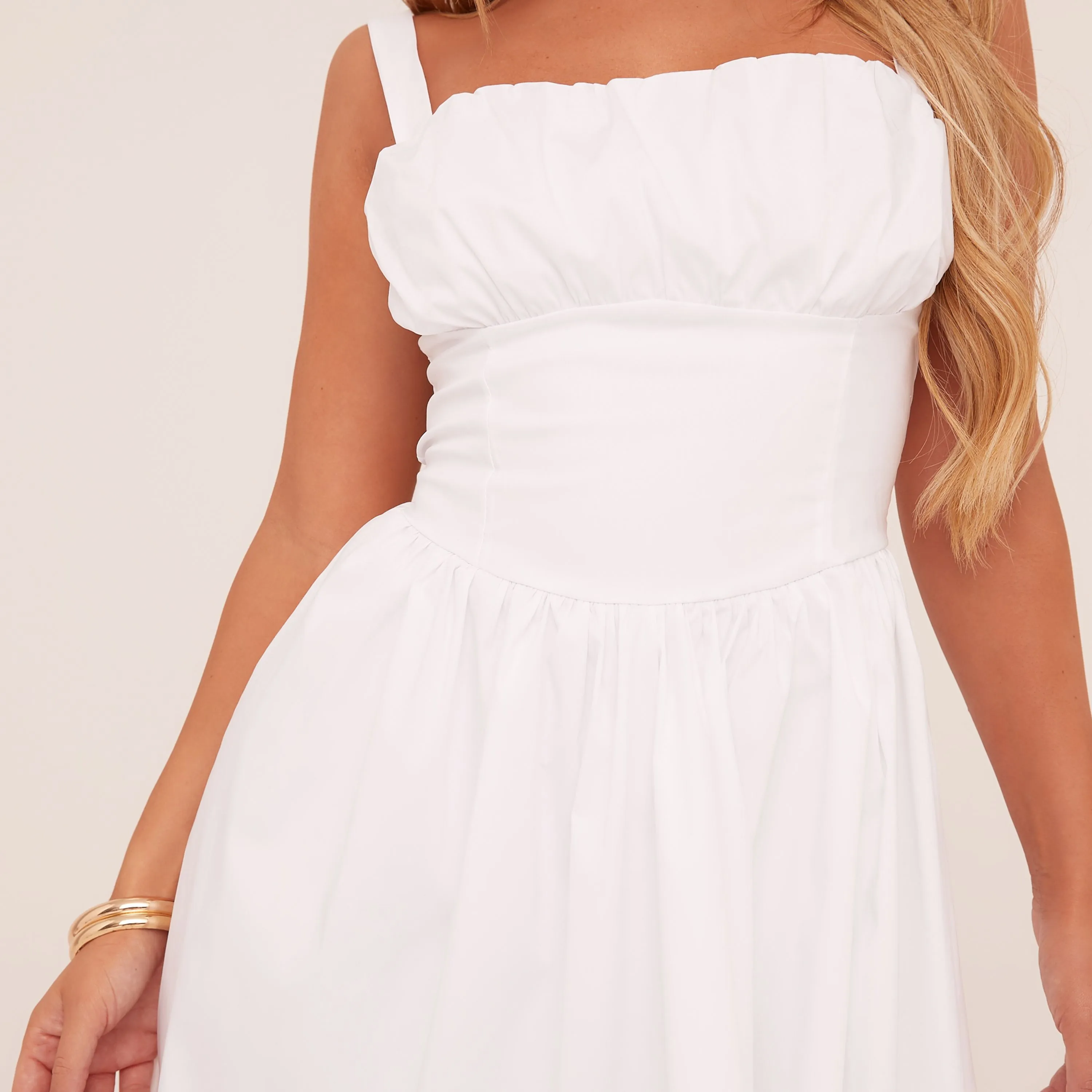 Square Neck Ruched Bust Mini Skater Dress In White Woven