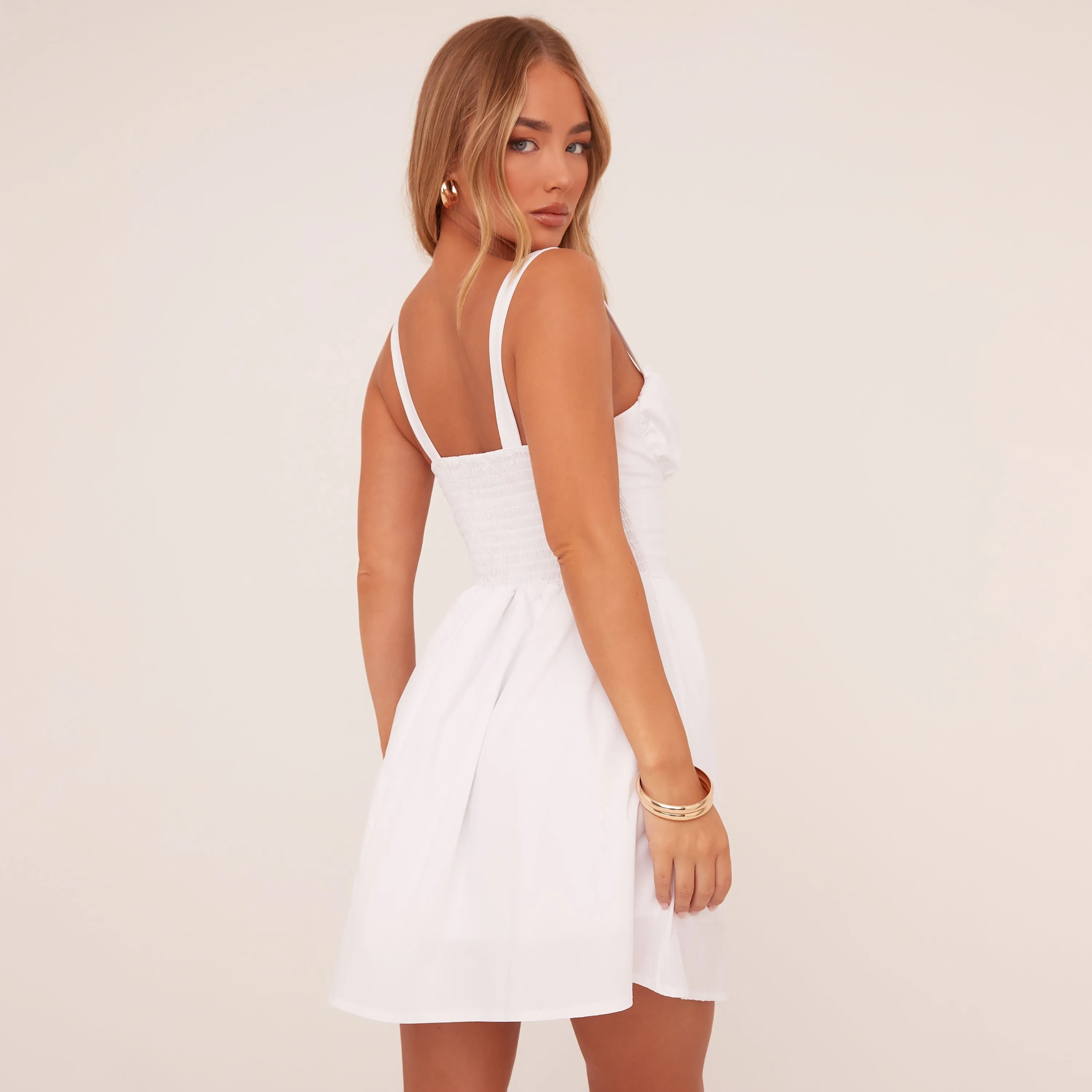 Square Neck Ruched Bust Mini Skater Dress In White Woven