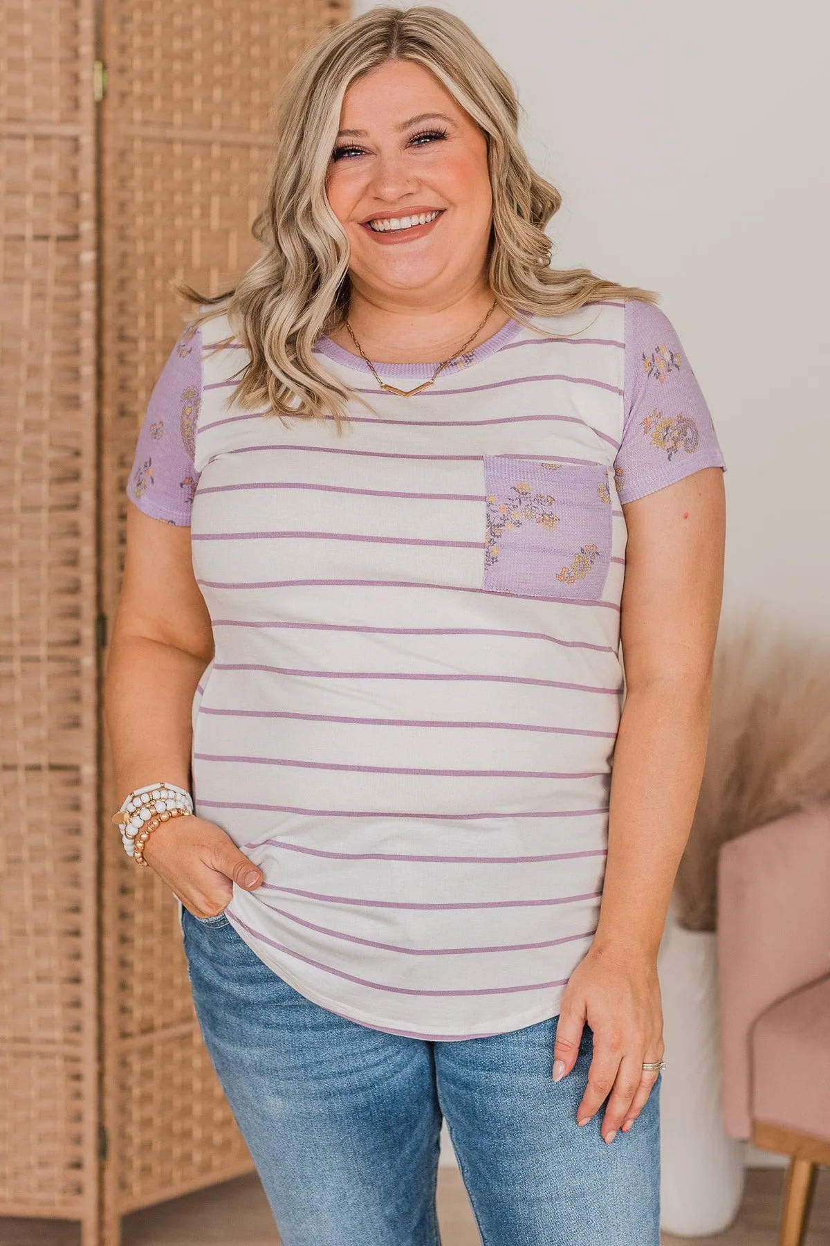 Standing Together Striped Pocket Top- Ivory & Lavender