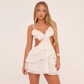 Strappy Plunge Cut Out Frilly Mini Bodycon Dress In White Woven