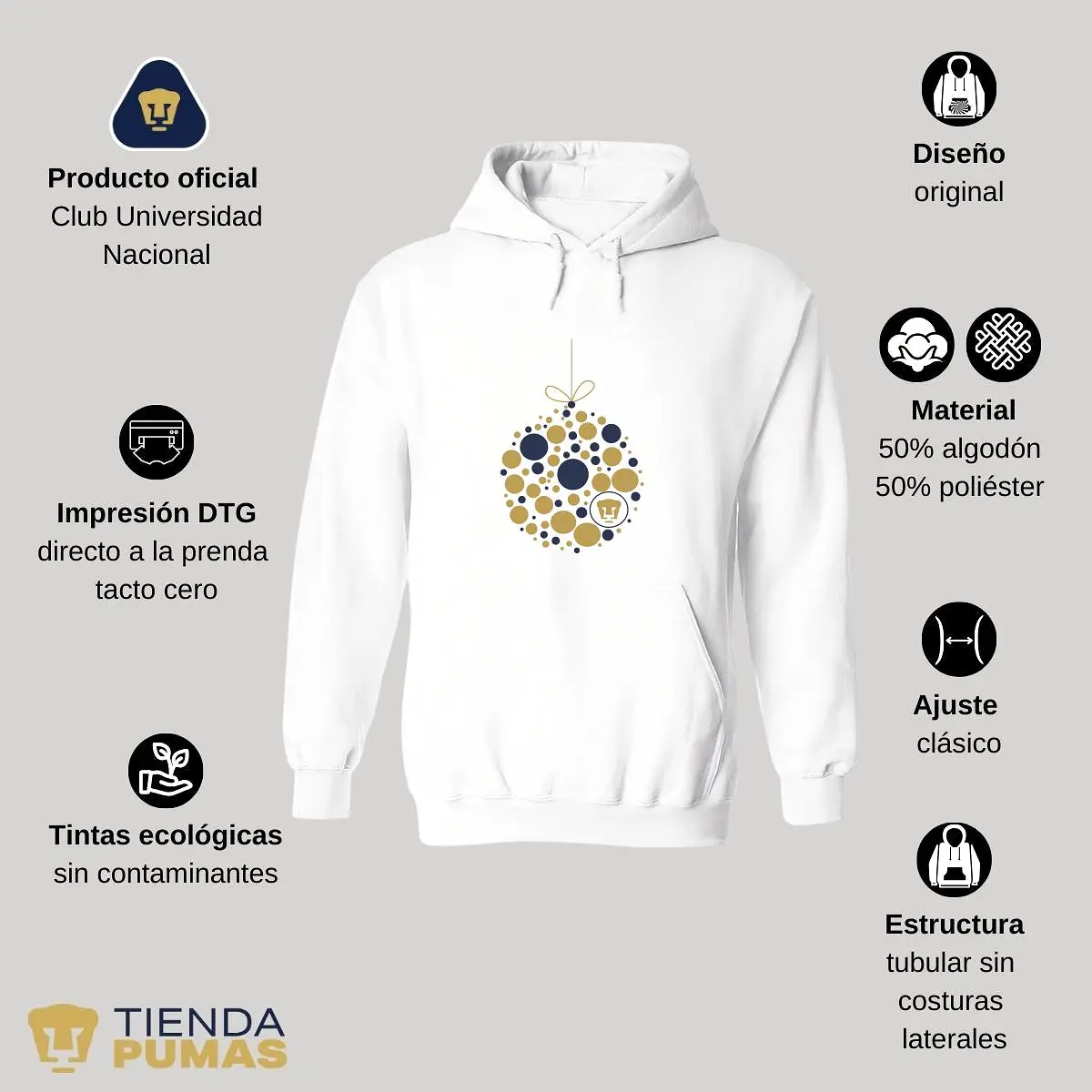 Sudadera Hombre Hoodie Pumas UNAM Esfera Navidad