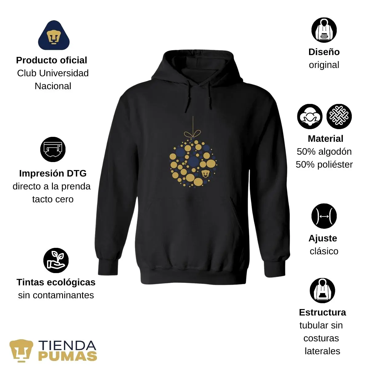 Sudadera Hombre Hoodie Pumas UNAM Esfera Navidad