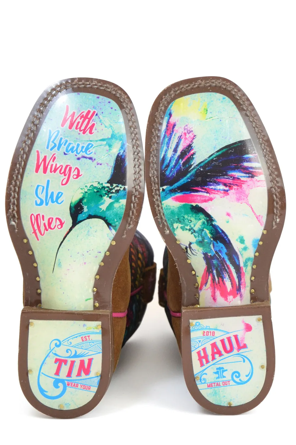 Tin Haul Kids Girls Hummingbird Feathers Brown Leather Cowboy Boots