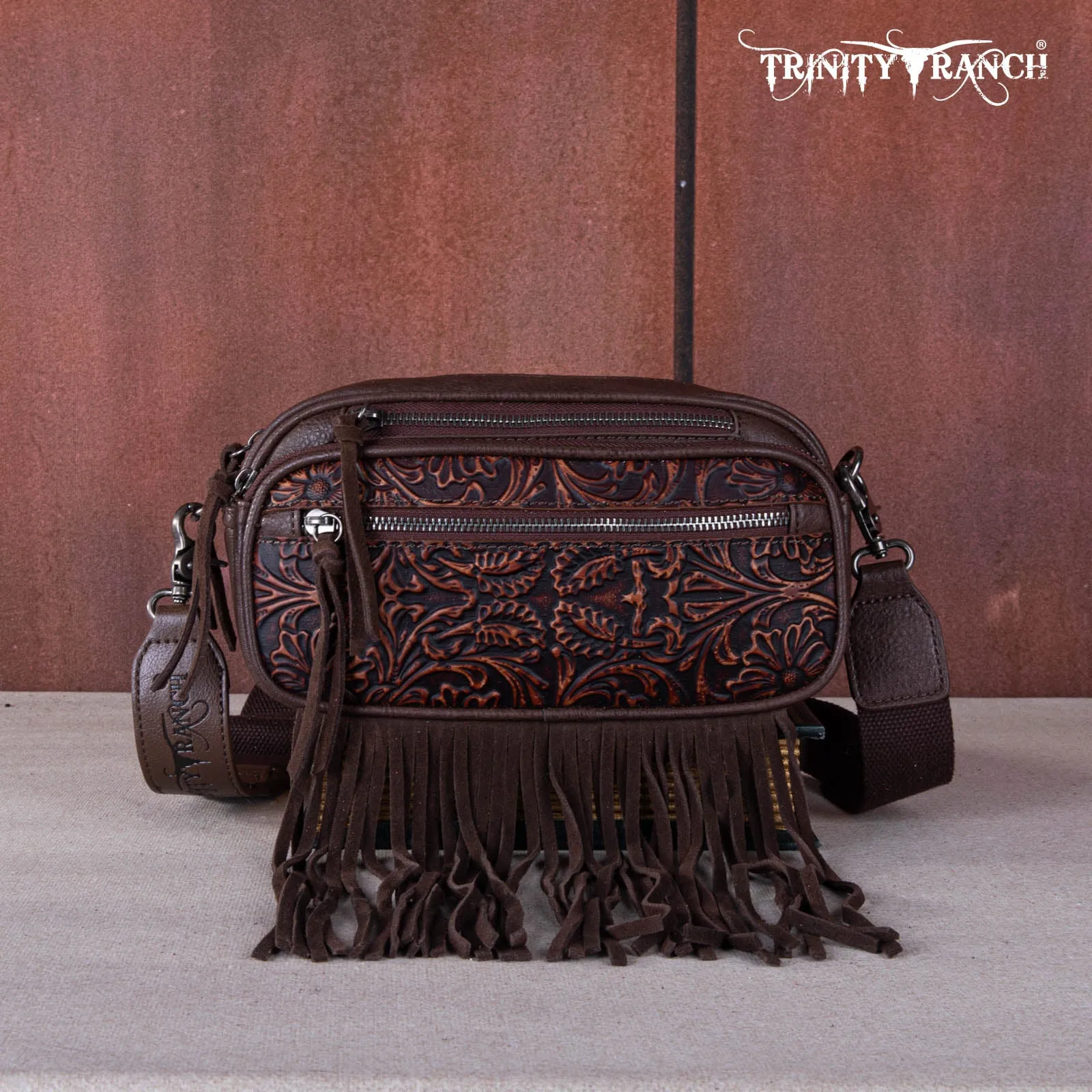 TR165-198  Trinity Ranch Floral Tooled Triple Zippered Pocket Fringe Belt Bag