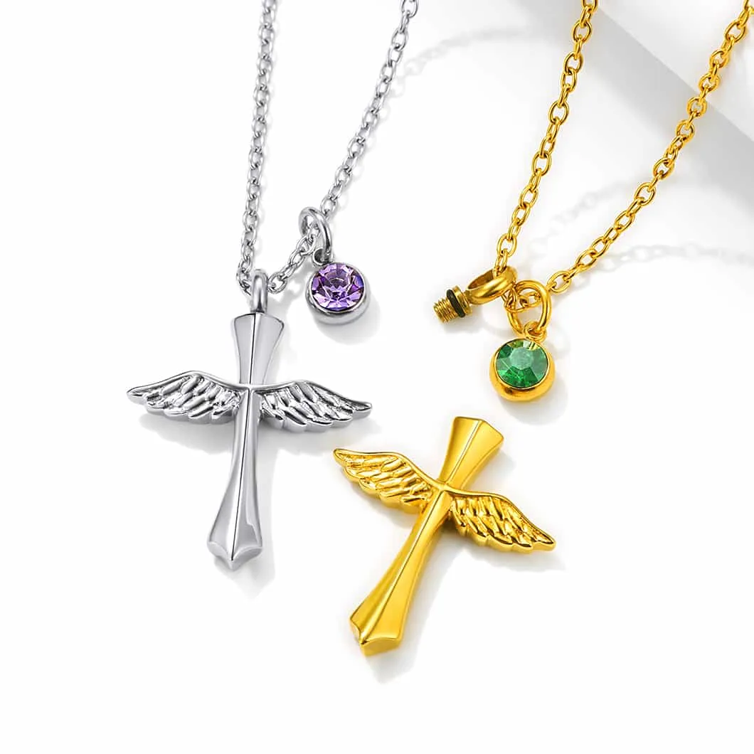 U7 Jewelry Birthstone Angel Wing Cross Cremation Necklace For Ashes