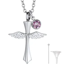 U7 Jewelry Birthstone Angel Wing Cross Cremation Necklace For Ashes