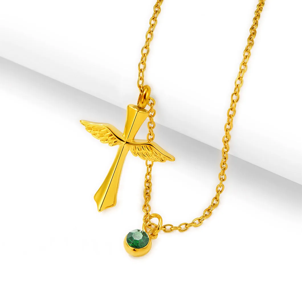 U7 Jewelry Birthstone Angel Wing Cross Cremation Necklace For Ashes