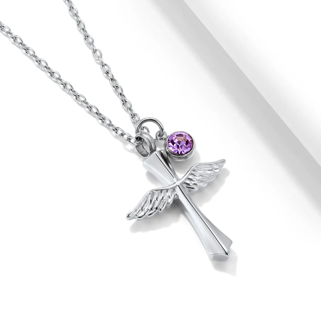 U7 Jewelry Birthstone Angel Wing Cross Cremation Necklace For Ashes