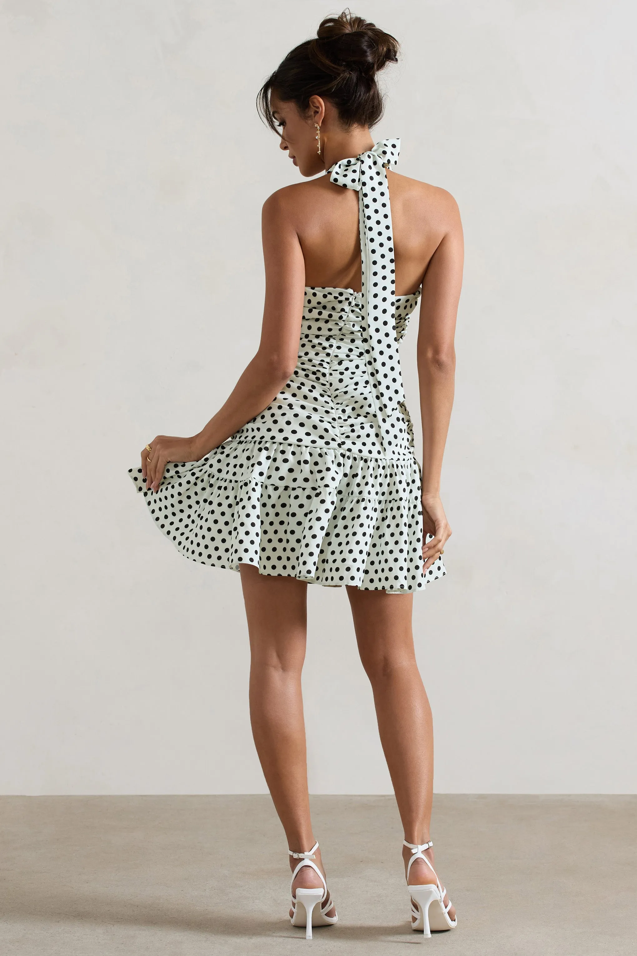 Verde | White Polka Dot V-Neck Ruched Mini Dress With Flared Hem