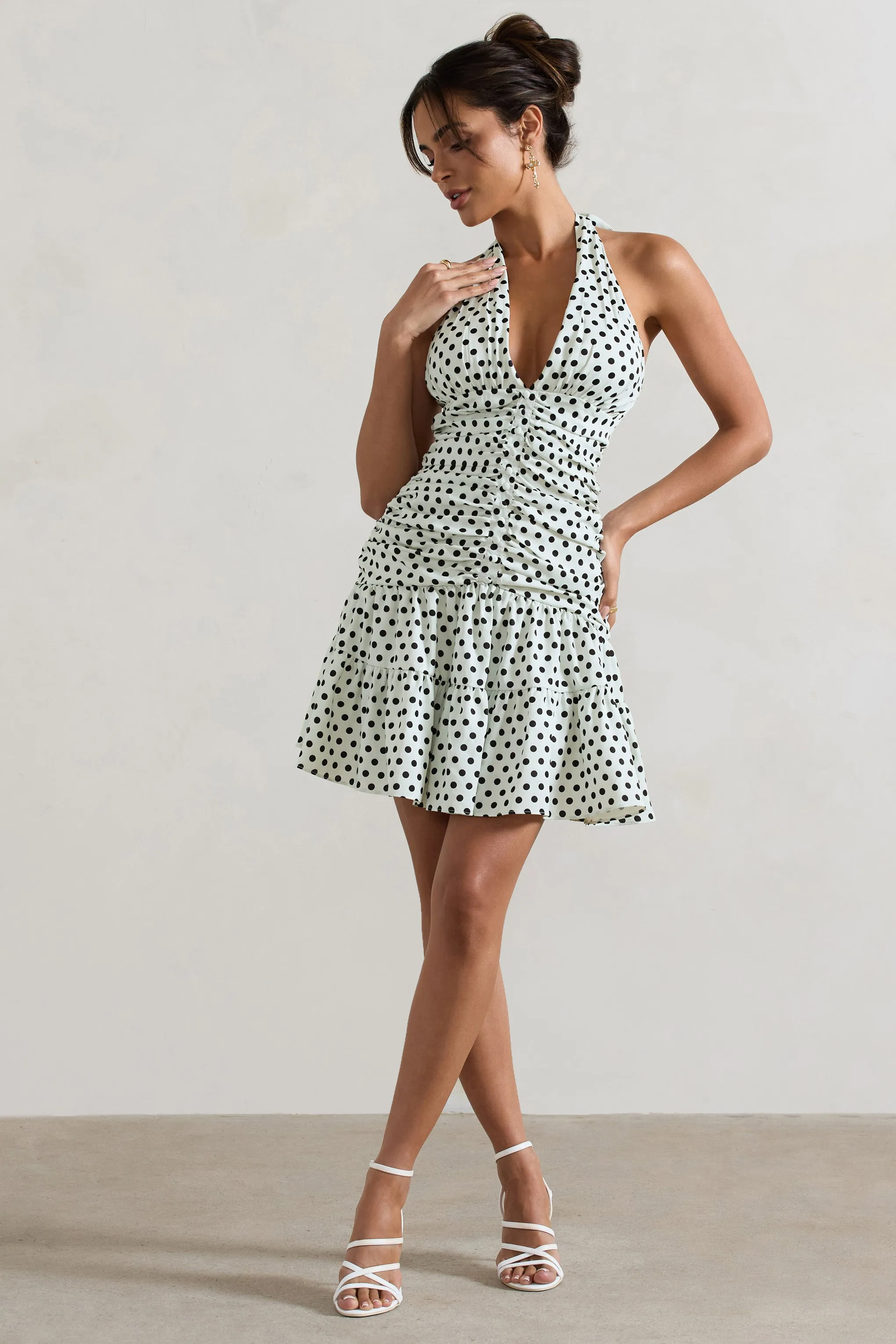 Verde | White Polka Dot V-Neck Ruched Mini Dress With Flared Hem