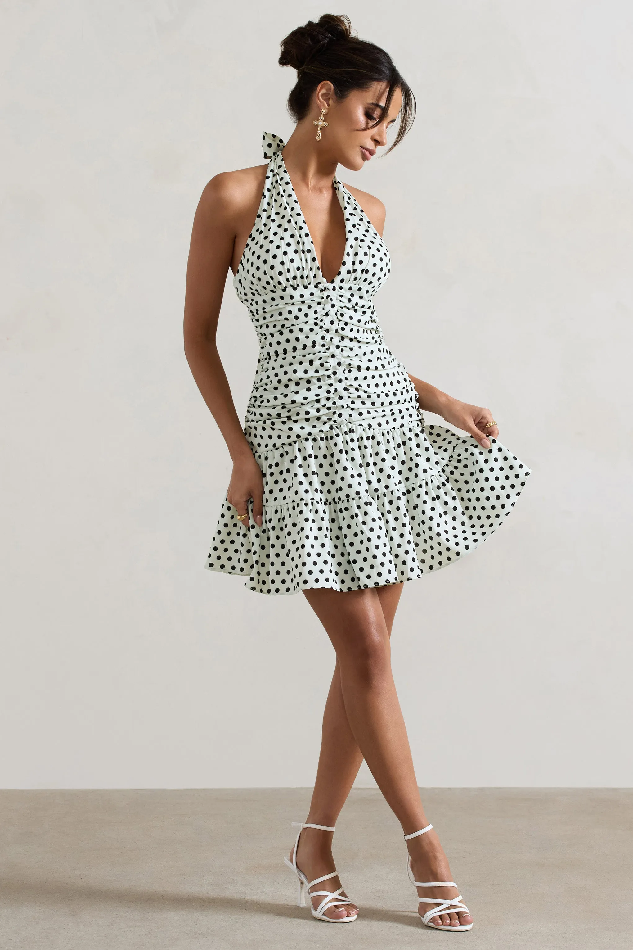 Verde | White Polka Dot V-Neck Ruched Mini Dress With Flared Hem