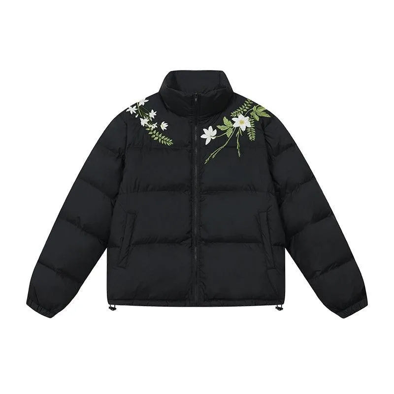 White Floral Wreath Embroidered Puffer