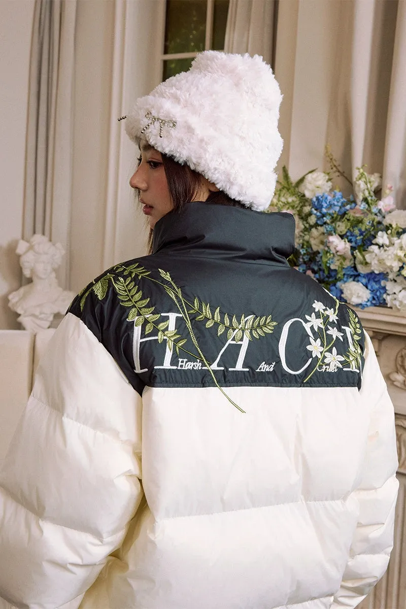 White Floral Wreath Embroidered Puffer