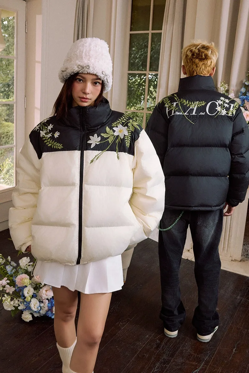 White Floral Wreath Embroidered Puffer