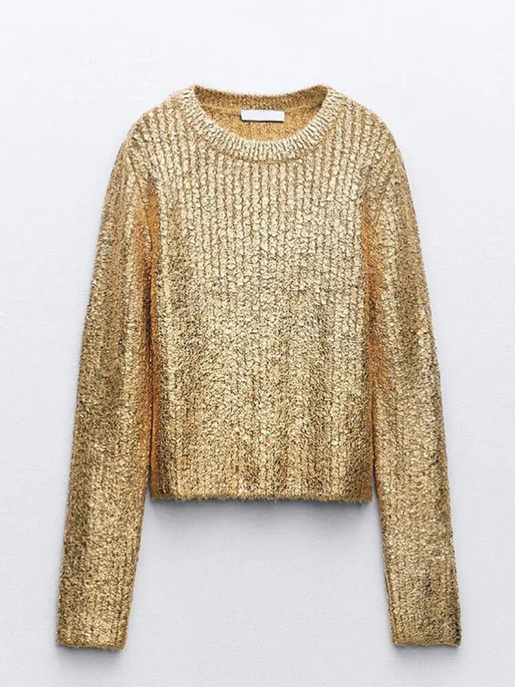 Women Golden O-neck Elegant Knitted Sweaters Long Sleeved Rib Loose Knitting Jumper 2023 New Female Fadhion Warm Office Pullover