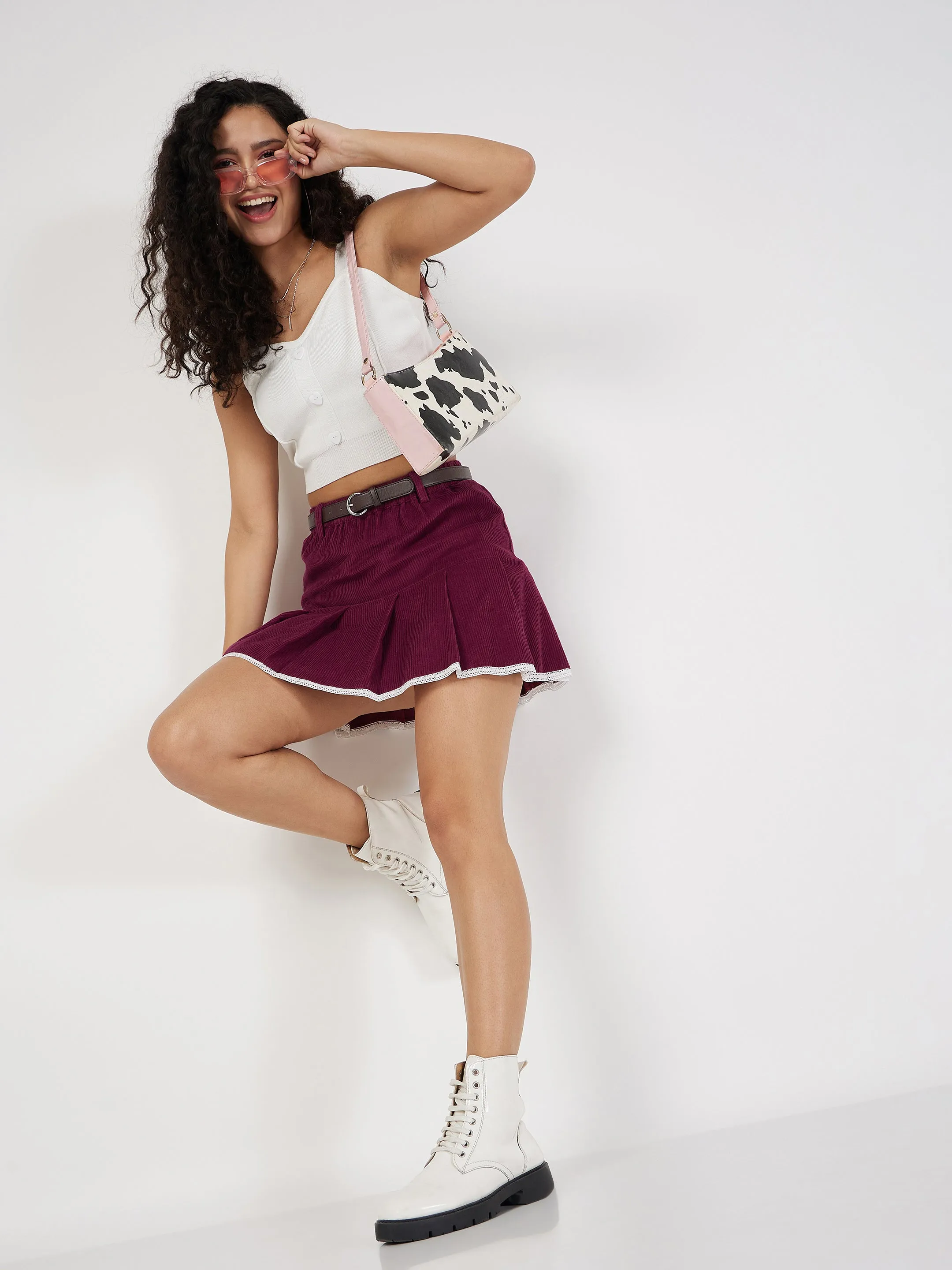 Women Maroon Corduroy Pleated Mini Skirt