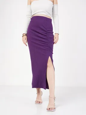 Women Purple Rib Front Ruched Midi Skirt