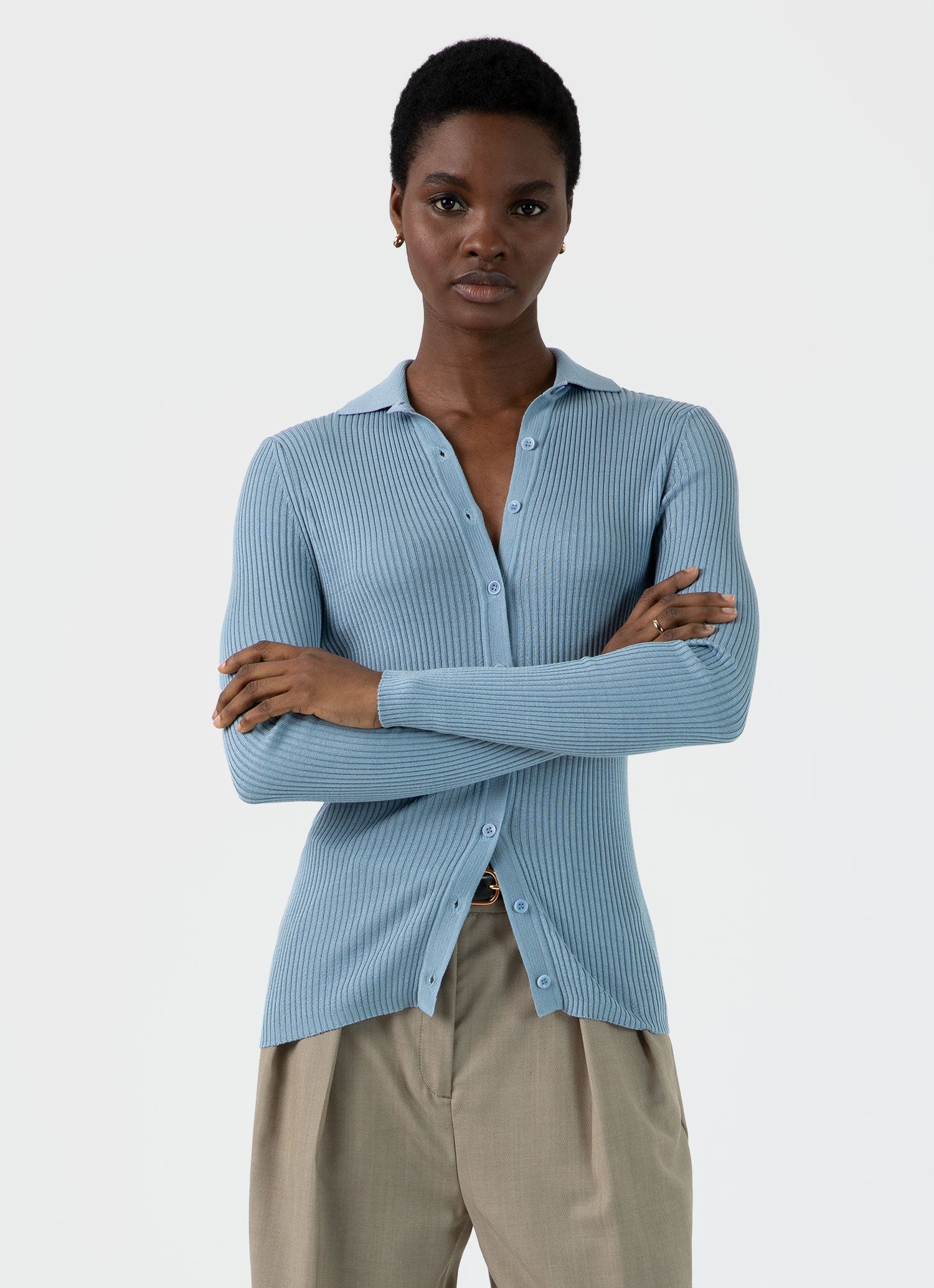 Women's Mulberry Silk Rib Cardigan in Light Blue