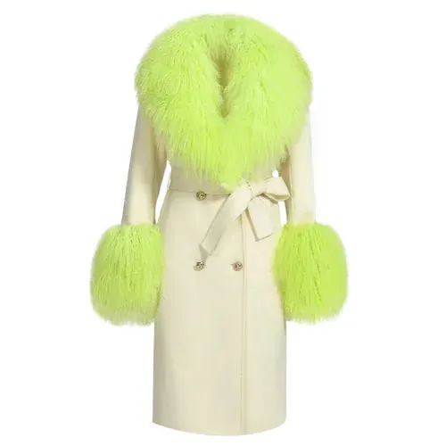 Women's wool cashmere coat with luxurious natural Mongolian sheep fur collar