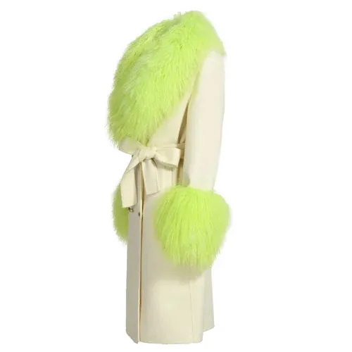 Women's wool cashmere coat with luxurious natural Mongolian sheep fur collar