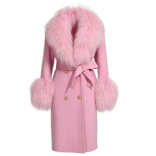 Women's wool cashmere coat with luxurious natural Mongolian sheep fur collar