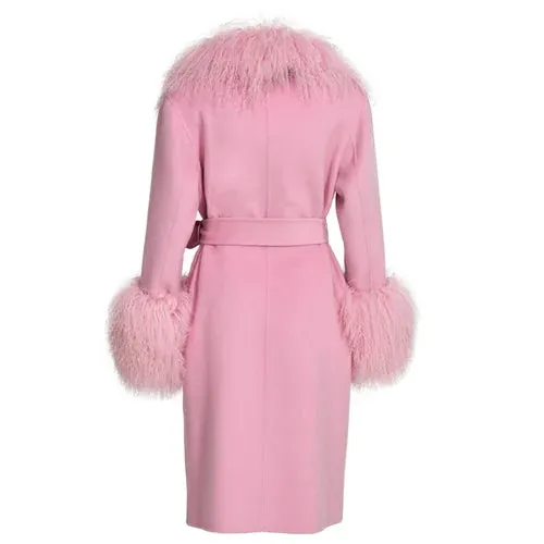 Women's wool cashmere coat with luxurious natural Mongolian sheep fur collar