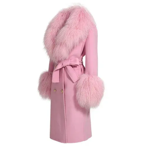 Women's wool cashmere coat with luxurious natural Mongolian sheep fur collar