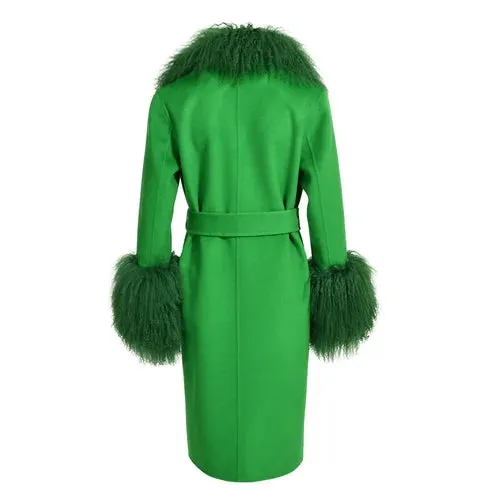 Women's wool cashmere coat with luxurious natural Mongolian sheep fur collar